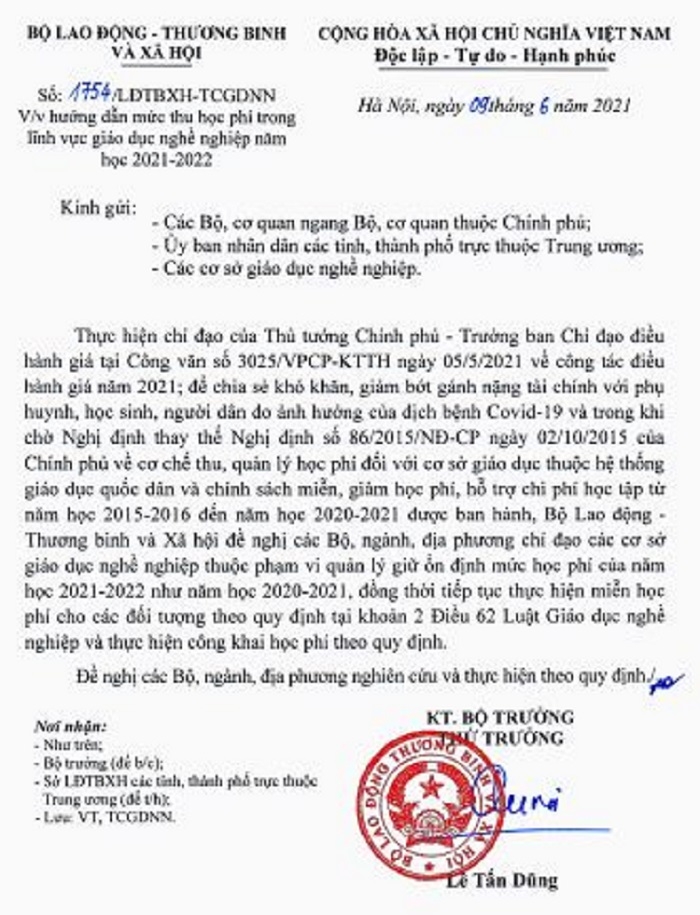 Mức học phí không tăng tại các cơ sở nghề nghiệp trong năm học 2021 – 2022